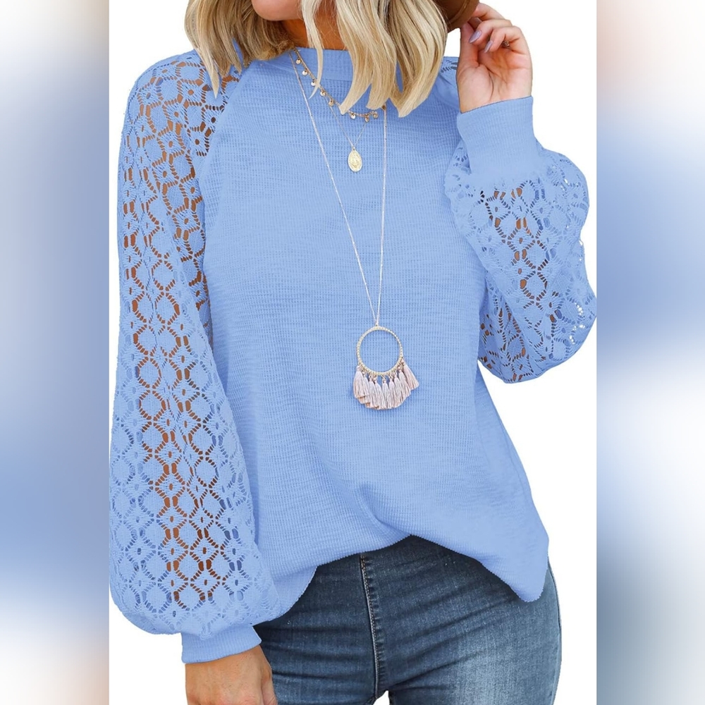 Miholl blue waffle knit lace top size L